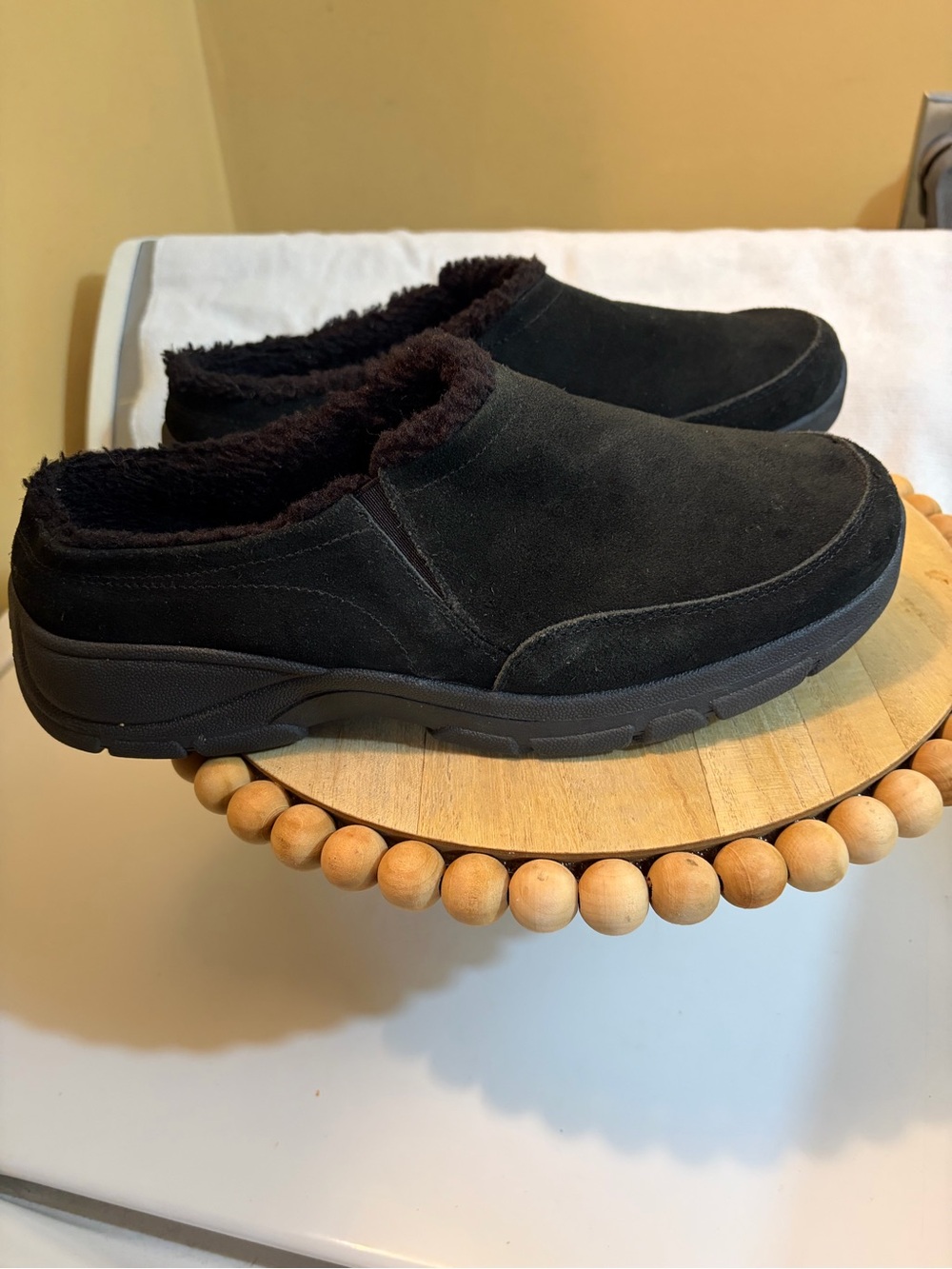 Lands' End Black Suede-Look Fleece-Lined Slip-On Slippers
